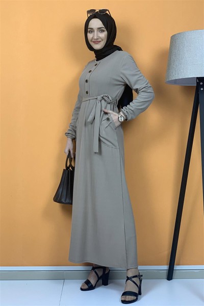 Düğme Ve Cep Detaylı Elbise Vizon - Thumbnail