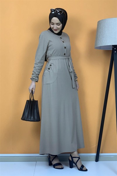 Düğme Ve Cep Detaylı Elbise Vizon - Thumbnail