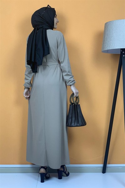 Düğme Ve Cep Detaylı Elbise Vizon - Thumbnail