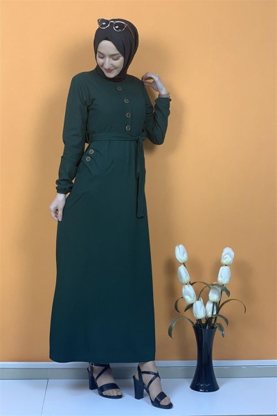 Moda Pinhan - Düğme Ve Cep Detaylı Elbise Zümrüt