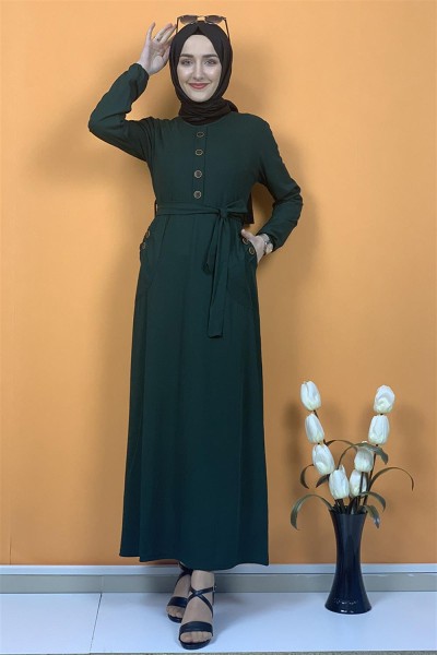 Düğme Ve Cep Detaylı Elbise Zümrüt - Thumbnail