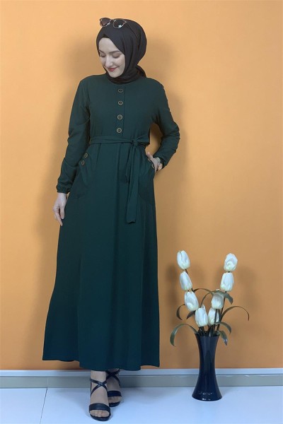 Düğme Ve Cep Detaylı Elbise Zümrüt - Thumbnail