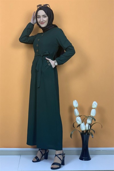 Düğme Ve Cep Detaylı Elbise Zümrüt - Thumbnail
