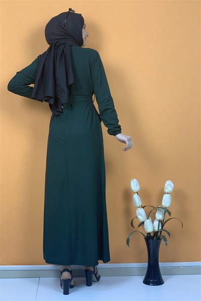 Düğme Ve Cep Detaylı Elbise Zümrüt - Thumbnail