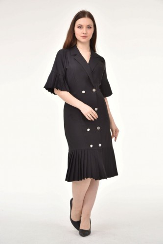 Düğmeli Pile Detaylı Elbise Mc0851 Siyah - Thumbnail