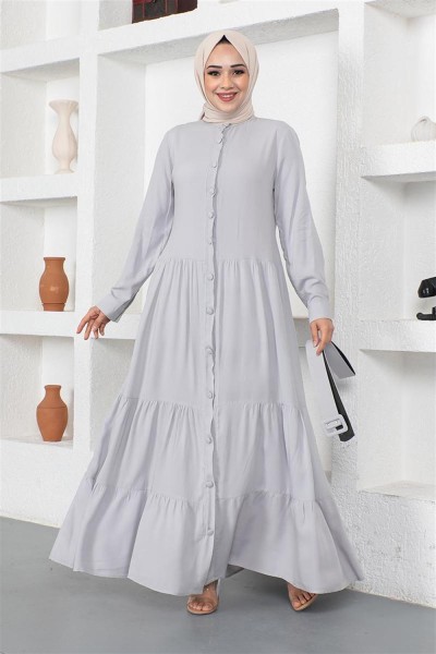 Düğmeli Tesettür Elbise GRİ - Thumbnail