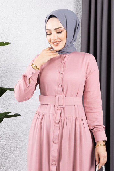 Düğmeli Tesettür Elbise GÜL KURUSU - Thumbnail
