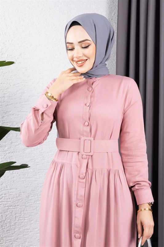 Düğmeli Tesettür Elbise GÜL KURUSU - 2