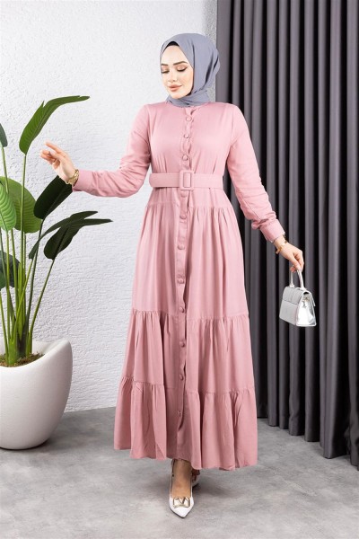 Düğmeli Tesettür Elbise GÜL KURUSU - Thumbnail