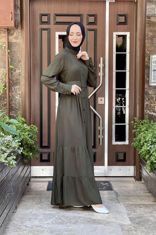 Düğmeli Tesettür Elbise HAKİ - 2