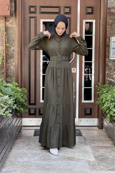Düğmeli Tesettür Elbise HAKİ - Thumbnail