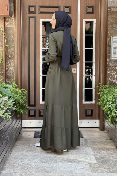 Düğmeli Tesettür Elbise HAKİ - Thumbnail