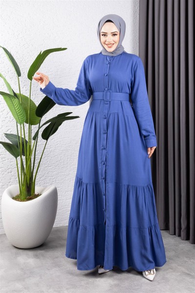 Düğmeli Tesettür Elbise İNDİGO - Thumbnail