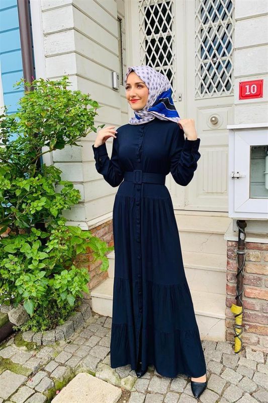 Düğmeli Tesettür Elbise LACİVERT - 1