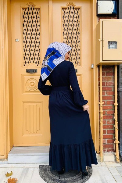 Düğmeli Tesettür Elbise LACİVERT - Thumbnail