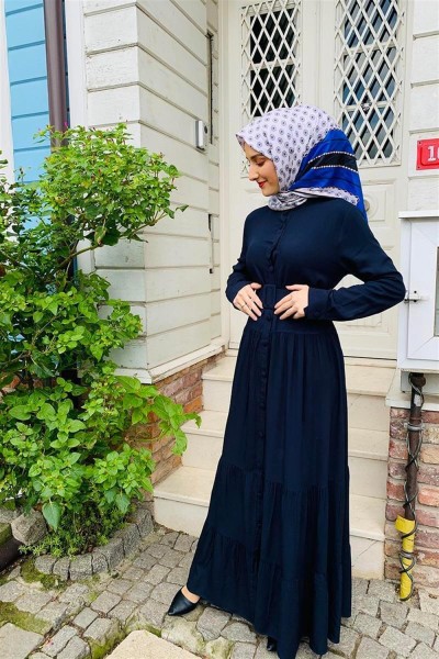 Düğmeli Tesettür Elbise LACİVERT - Thumbnail
