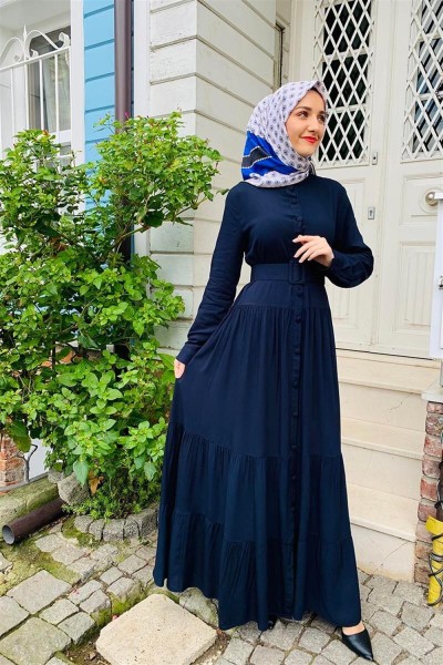 Düğmeli Tesettür Elbise LACİVERT - Thumbnail