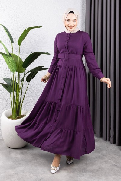 Düğmeli Tesettür Elbise MOR - Thumbnail