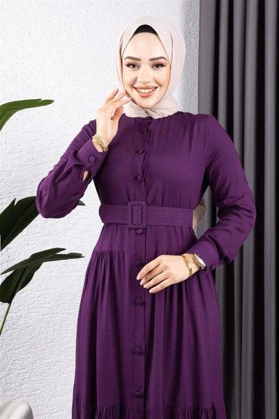 Düğmeli Tesettür Elbise MOR - Thumbnail
