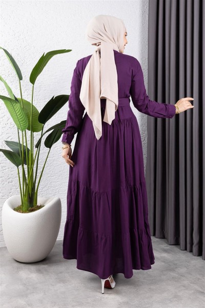 Düğmeli Tesettür Elbise MOR - Thumbnail