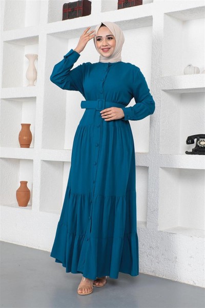 Düğmeli Tesettür Elbise PETROL - Thumbnail