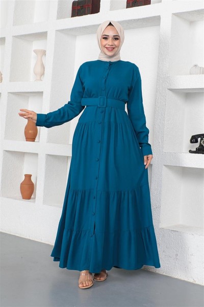 Düğmeli Tesettür Elbise PETROL - Thumbnail