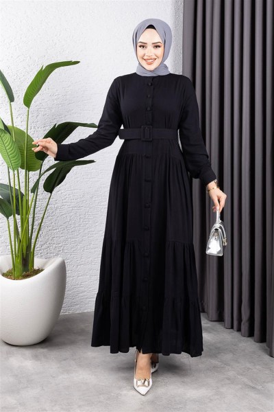 Düğmeli Tesettür Elbise SİYAH - Thumbnail