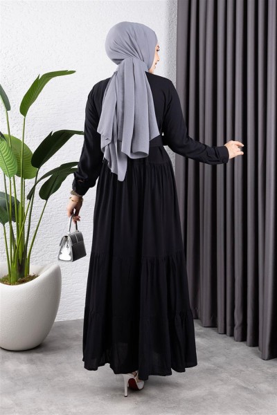 Düğmeli Tesettür Elbise SİYAH - Thumbnail