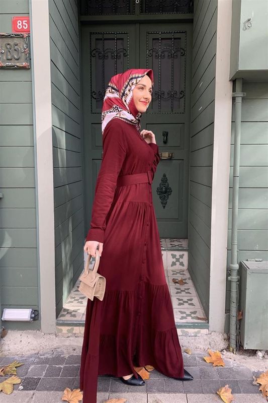 Düğmeli Tesettür Elbise VİŞNE - 1