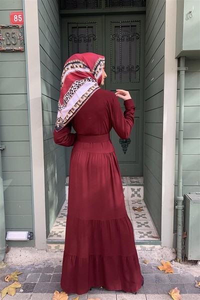 Düğmeli Tesettür Elbise VİŞNE - Thumbnail