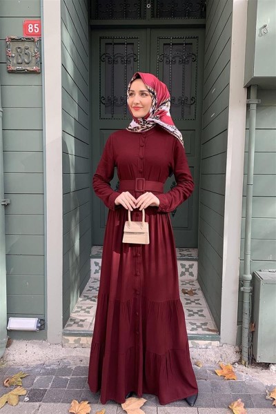 Düğmeli Tesettür Elbise VİŞNE - Thumbnail