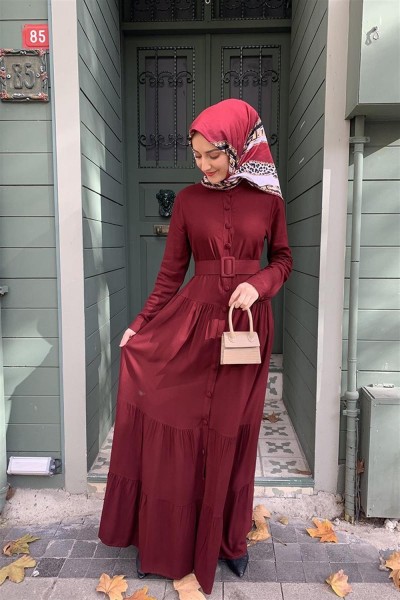 Düğmeli Tesettür Elbise VİŞNE - Thumbnail