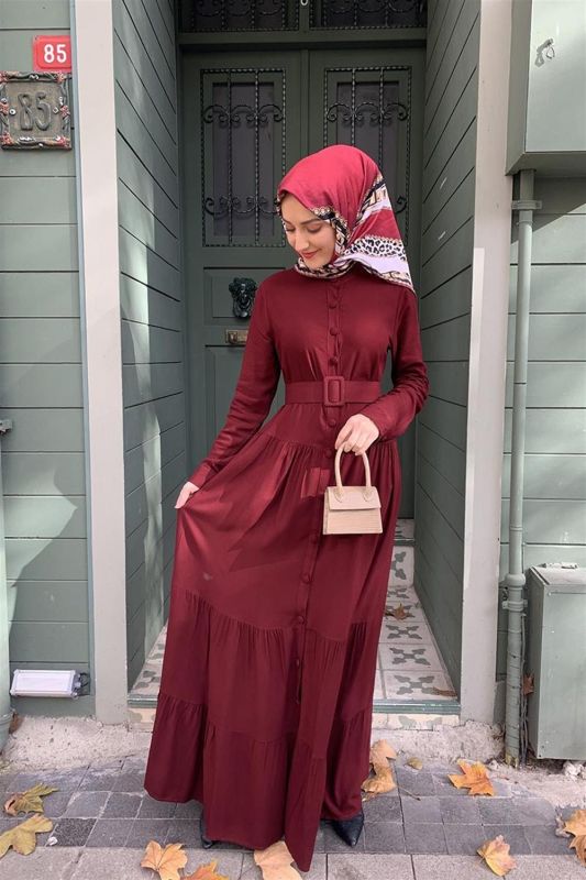Düğmeli Tesettür Elbise VİŞNE - 4