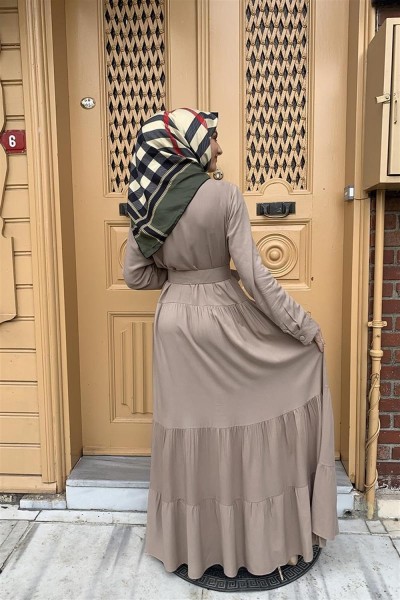 Düğmeli Tesettür Elbise VİZON - Thumbnail