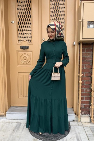 Düğmeli Tesettür Elbise ZÜMRÜT YEŞİLİ - Thumbnail