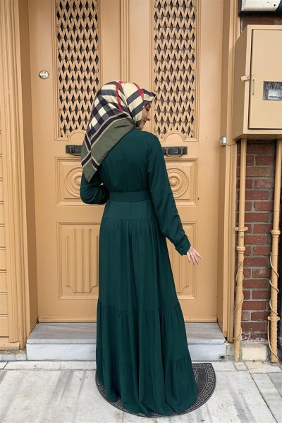Düğmeli Tesettür Elbise ZÜMRÜT YEŞİLİ - Thumbnail