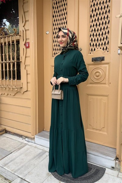 Düğmeli Tesettür Elbise ZÜMRÜT YEŞİLİ - Thumbnail