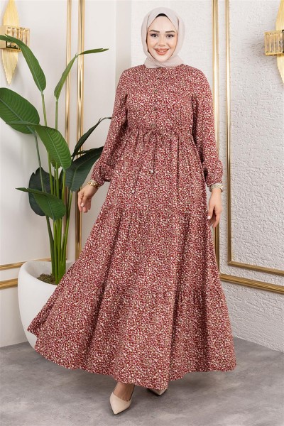 Efsun Çiçek Desenli Elbise BORDO - Thumbnail