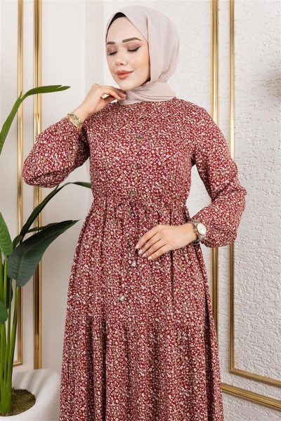 Efsun Çiçek Desenli Elbise BORDO - Thumbnail
