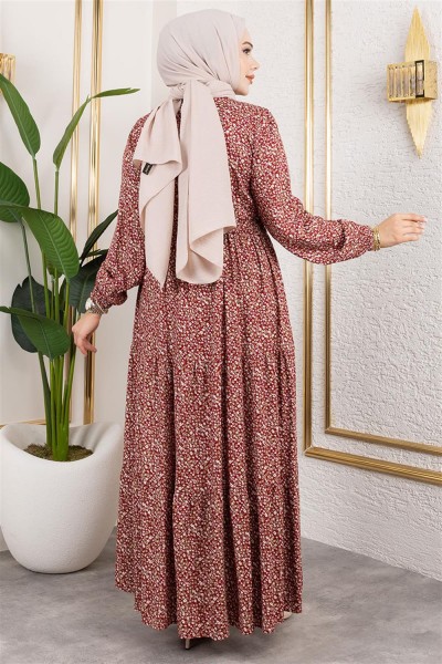 Efsun Çiçek Desenli Elbise BORDO - Thumbnail