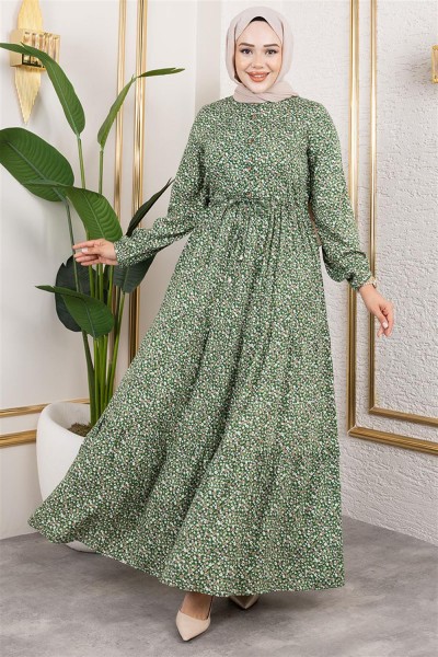 SGS - Efsun Çiçek Desenli Elbise KOYU YEŞİL