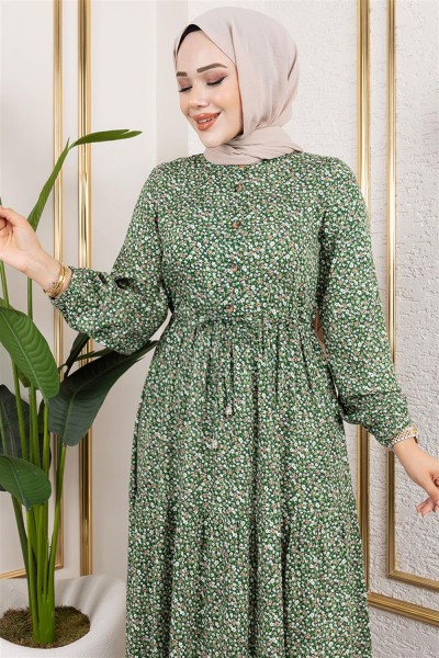 Efsun Çiçek Desenli Elbise KOYU YEŞİL - Thumbnail