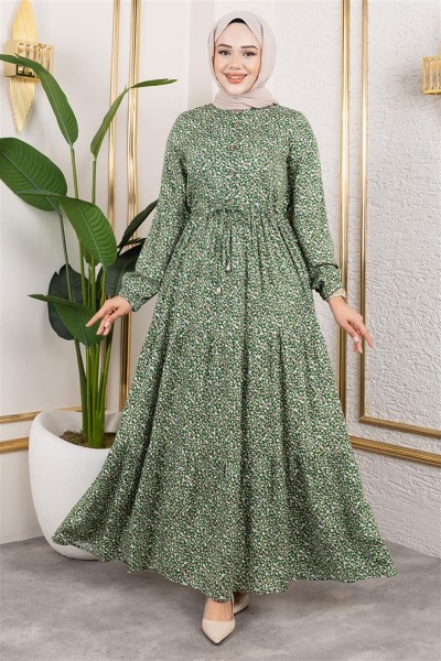 Efsun Çiçek Desenli Elbise KOYU YEŞİL - Thumbnail