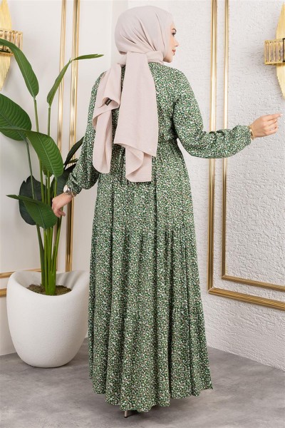 Efsun Çiçek Desenli Elbise KOYU YEŞİL - Thumbnail
