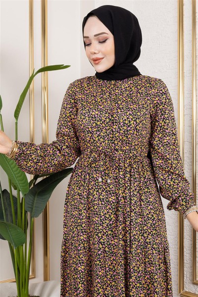 Efsun Çiçek Desenli Elbise SARI - Thumbnail