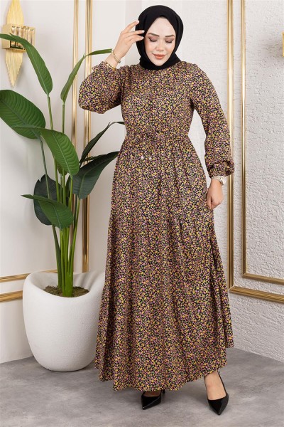 Efsun Çiçek Desenli Elbise SARI - Thumbnail