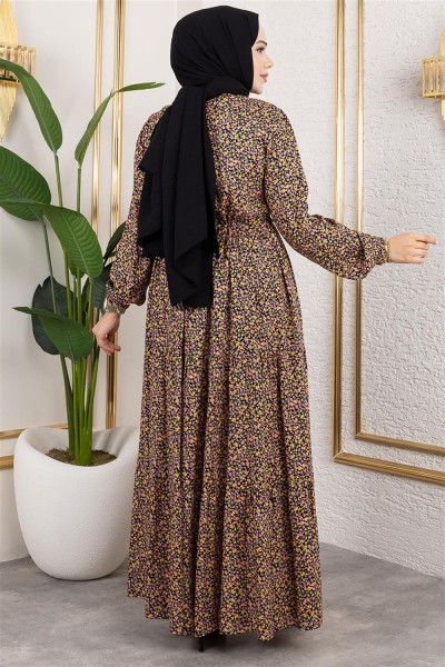 Efsun Çiçek Desenli Elbise SARI - Thumbnail