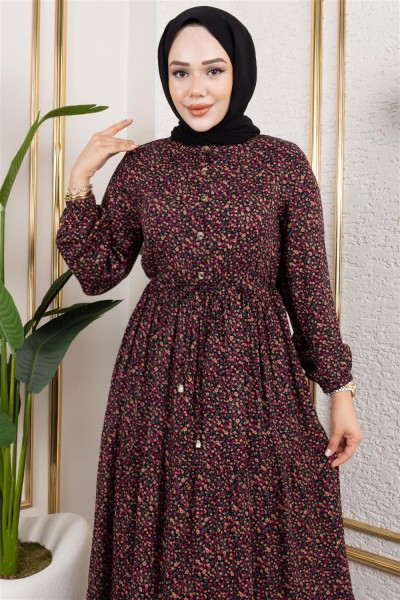 Efsun Çiçek Desenli Elbise SİYAH - Thumbnail