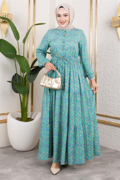 SGS - Efsun Çiçek Desenli Elbise TURKUAZ