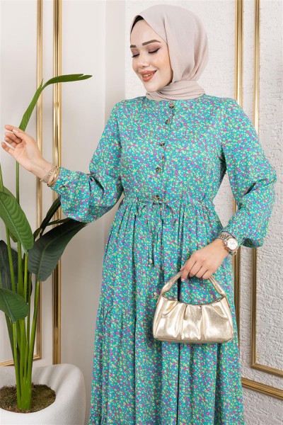 Efsun Çiçek Desenli Elbise TURKUAZ - Thumbnail